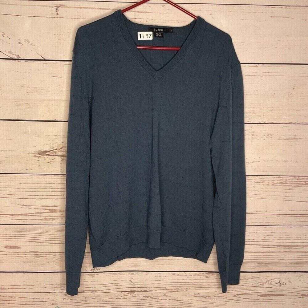 J. Crew‎ Teal Long Sleeve V-Neck Sweater Men XL Hong Kong 100% Merino Wool